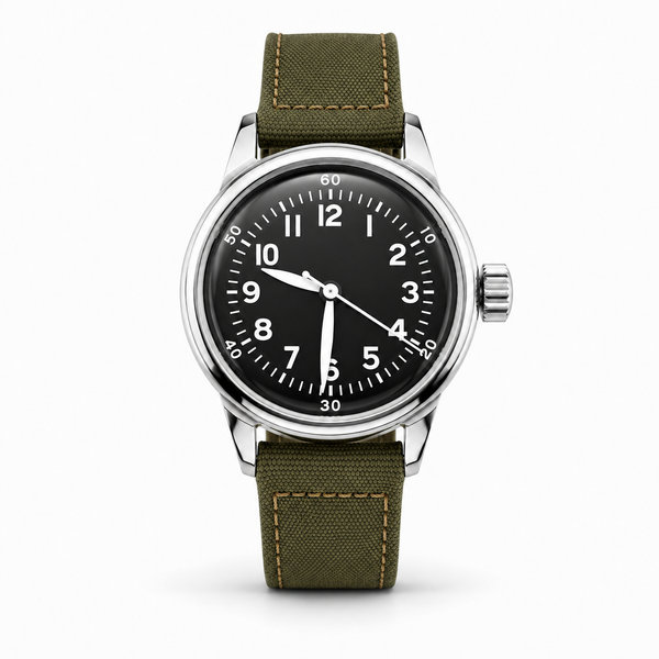 An A-11 wristwatch with a black dial, silver-tone case, and olive green canvas strap, shown against a plain white background.